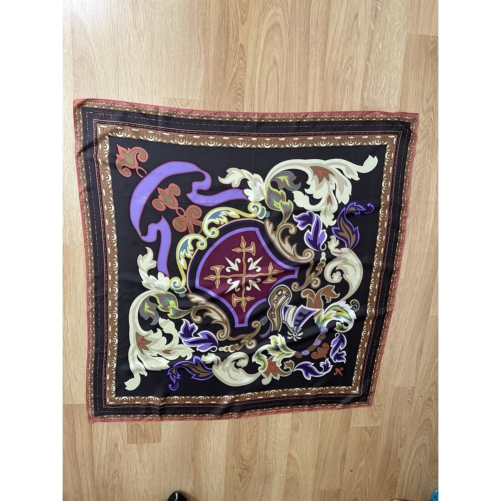 Vtg 90s Nicole Miller Large Silk Scarf Baroque Plum Hand Rolled‎ Edges 35 X34